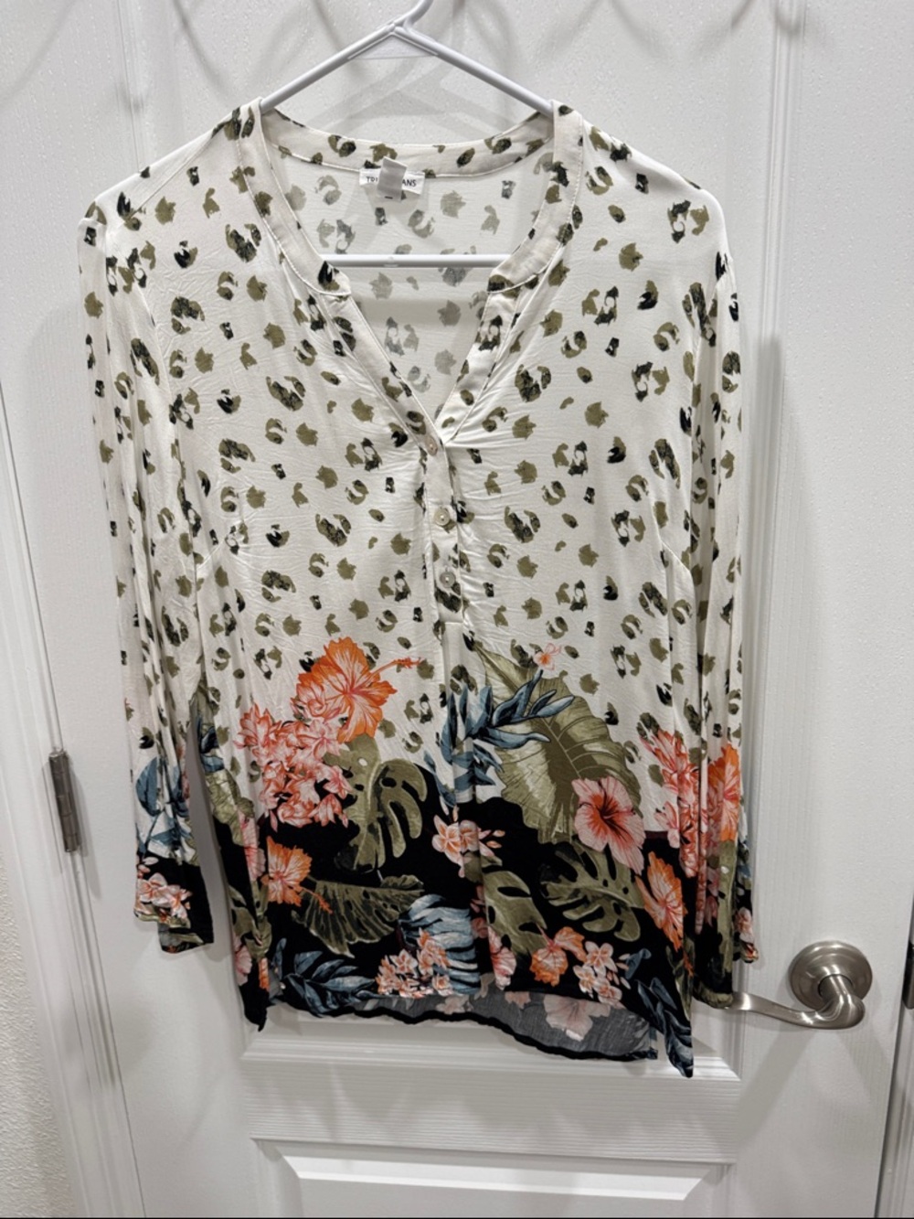 Tribal Cream Animal & Floral Button-Front Top with Coral & Olive Accents